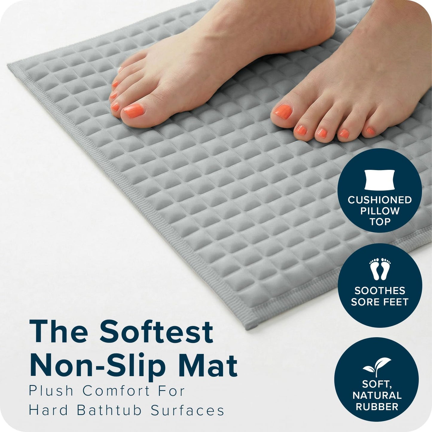 SlipX Solutions Pillow Top Cushioned Bath Mat, Non Slip Comfort Underfoot, 700 Air-Filled Pillows, Soft Shower Mat, Strong Suction Cups, Gray, 27" x 15.5"