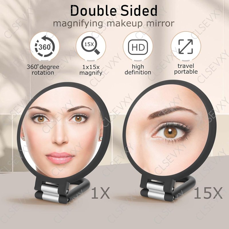 Double-Sided Magnifying Handheld Mirror - 1X/15X Magnification, Travel-Friendly, 360° Rotation