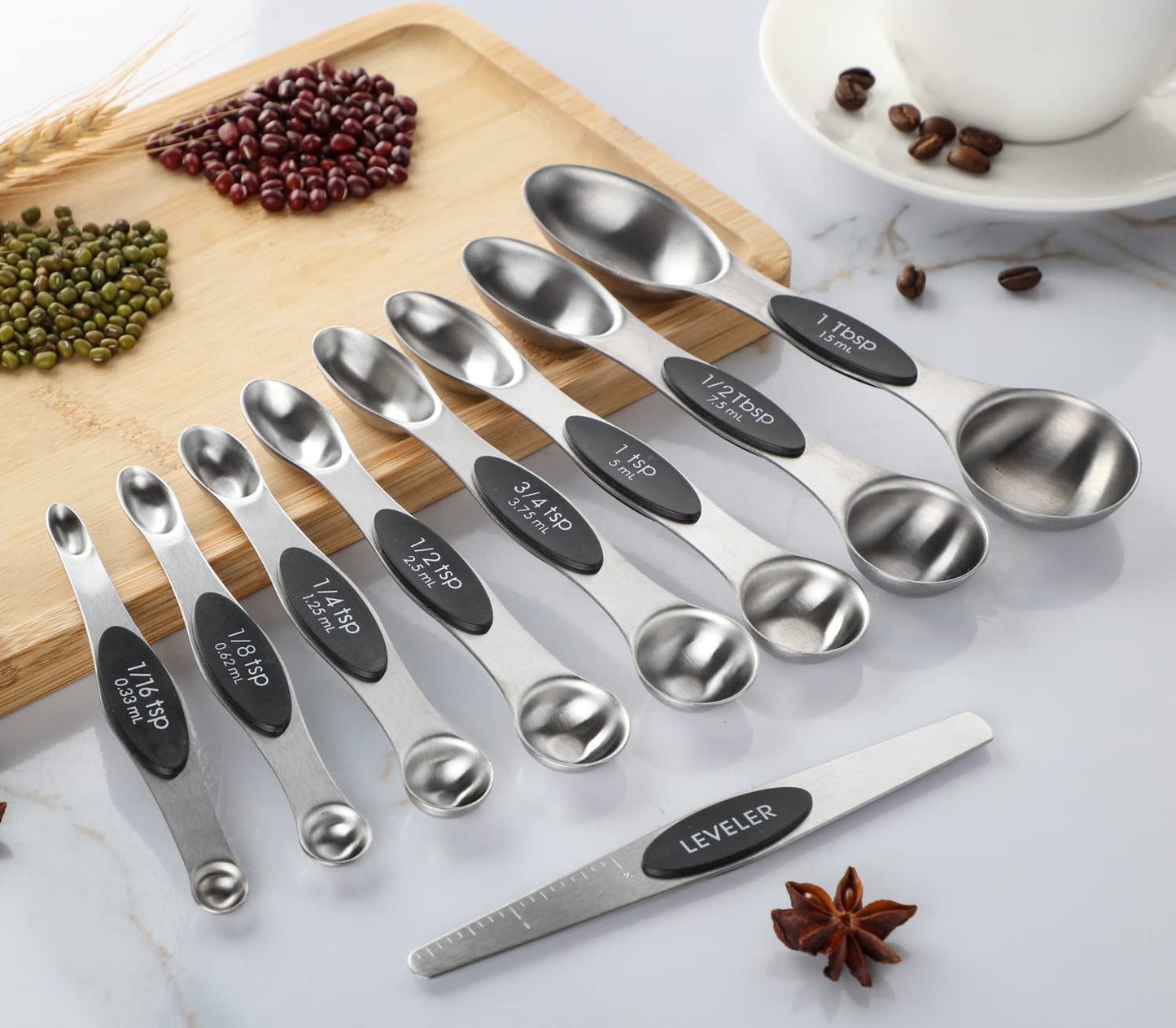 Measuring Spoon Set of 9 Magnetic Measuring Spoons Dual Sided Stainless Steel Measuring Spoons Stackable Nesting Tablespoon Teaspoon, Fits in Spice Jars, for Dry or Liquid Ingredients