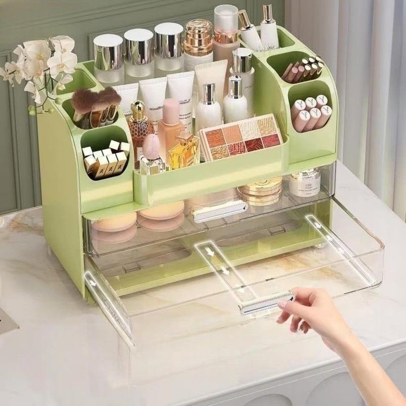Makeup Organizer with Drawers - Vanity & Bathroom Countertop Storage for Brushes, Skincare & Cosmetics | Green