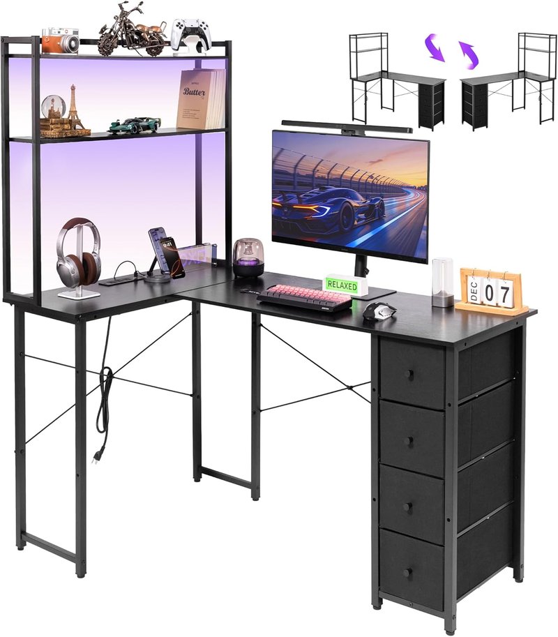 Aquzee L-Shaped Gaming Desk - 55" Reversible Computer Desk with Hutch, Drawers & LED Light | Black