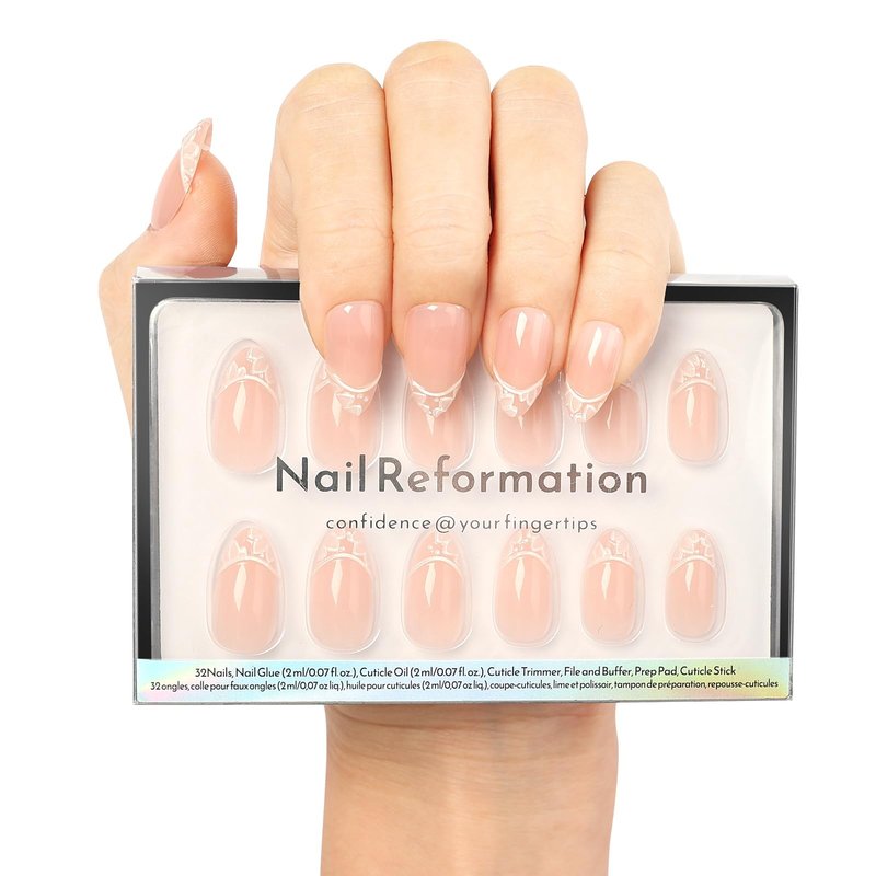 Nail Reformation Press On Nails, Petal Lace | Neutral Short Almond Fake Nails with White Floral Lace French Tip in Glossy Finish, Reusable Stick On Nails in 16 Sizes - 32 Nail Kit for Women Gifts