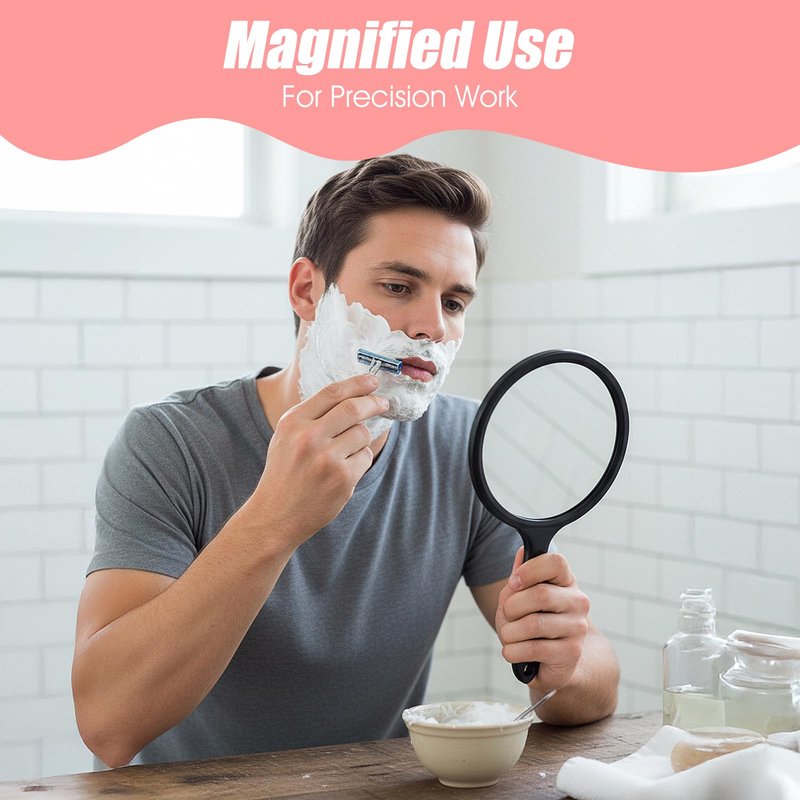 Bremorou Double Sided Mirror Handheld with Handle 1X/2X Magnifying Rounded Shape Small Hand Mirror with Handle, Acrylic Clear Finish Round Black
