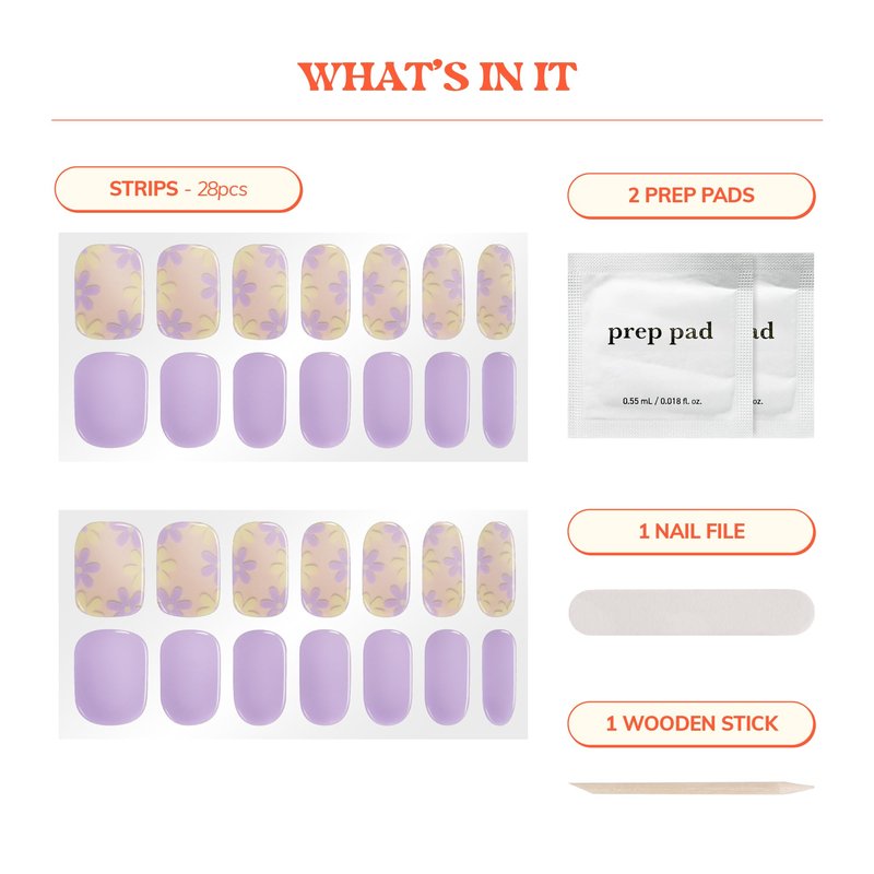 Heyhae Semi Cured Gel Nail Strips | No LED Lamp Needed | Purple, Floral | Easy Apply & Remove, Salon Quality | Includes 28 Strips, 2 Prep Pads, Nail File & Wooden Stick - Hey, It's Your Spring Day