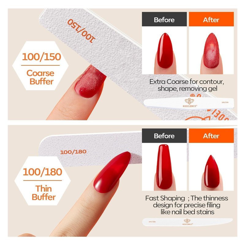 Modelones Nail Files and Nail Buffers Blocks 4 PCS, Double Side Trimed & Shaped Emery Board 100/150/180 Grits 600/3000 Nail Shine Polishing Stick, Reusable Washable Anti-bend Anti-drop Particles White