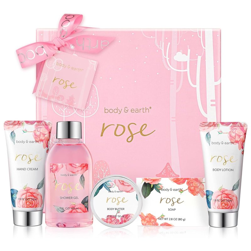 Bath and Body Gift Set for Women, Body & Earth 5 Pcs Rose Spa Gifts for Women, Self Care Kit, Lotion Set for Her, Birthday, Mothers Day Presents for Mom, Wife, girlfriend