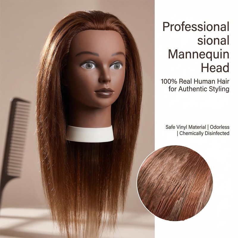 16 Inch 100% human hair mannequin head practice head for braiding manikin head with Clamp stand doll head for hair styling practice kit for kids and Cosmetology (Brown 16-inch)
