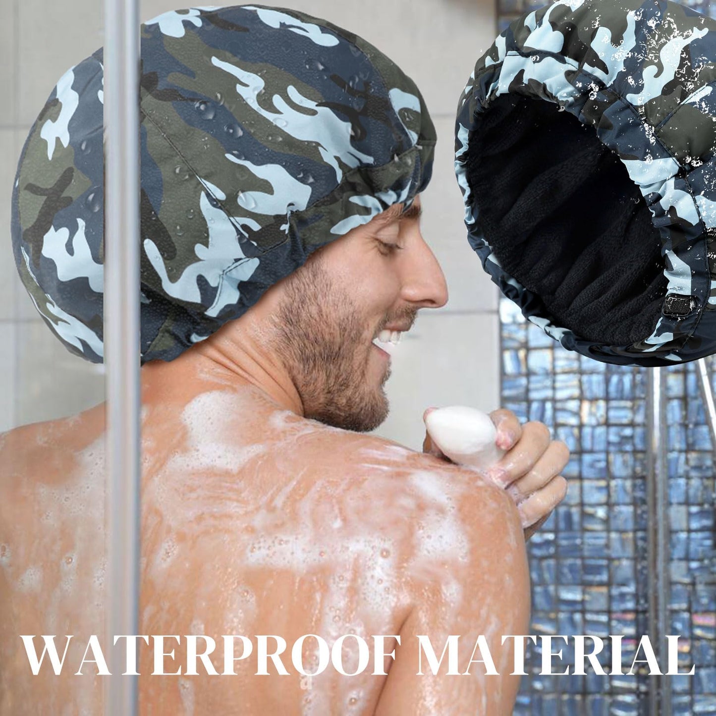 Shower Cap for Men Blue Camouflage Bath Cap, Reversible Large Waterproof Adjustable Shower Caps Terry Lining & Elastic Band Stretch Hem Hair Hat