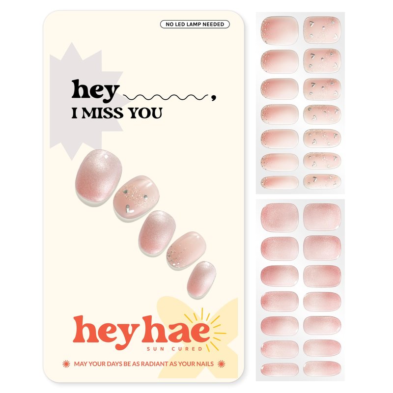 Heyhae Semi Cured Gel Nail Strips | No LED Lamp Needed | Glitter, Pink, Spring | Easy Apply & Remove, Salon Quality | Includes 28 Strips, 1 Prep Pads, Nail File & Wooden stick - Hey, I Miss You