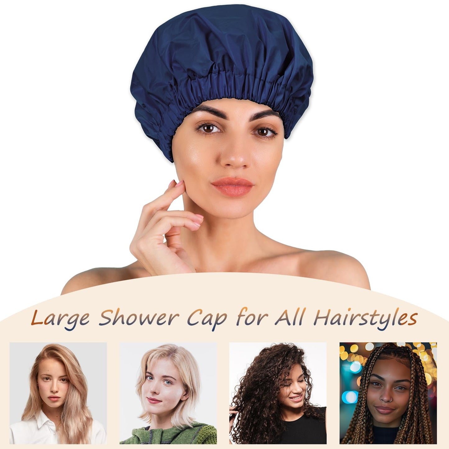 TUVATU Reusable Shower Cap for Women – Large Waterproof Satin Shower Bonnet for Long, Curly & Braided Hair, Washable Bath Hair Cover, Navy Blue
