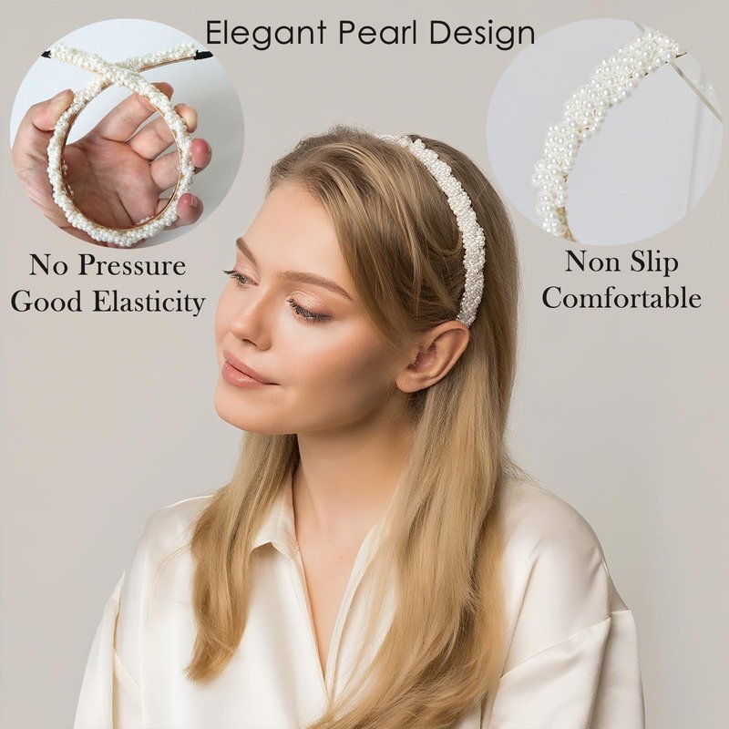 Miskate 5 PCS Pearl Headbands for Women, White Pearl Hair Accessories, Non-Slip Wedding Party Everyday Wear