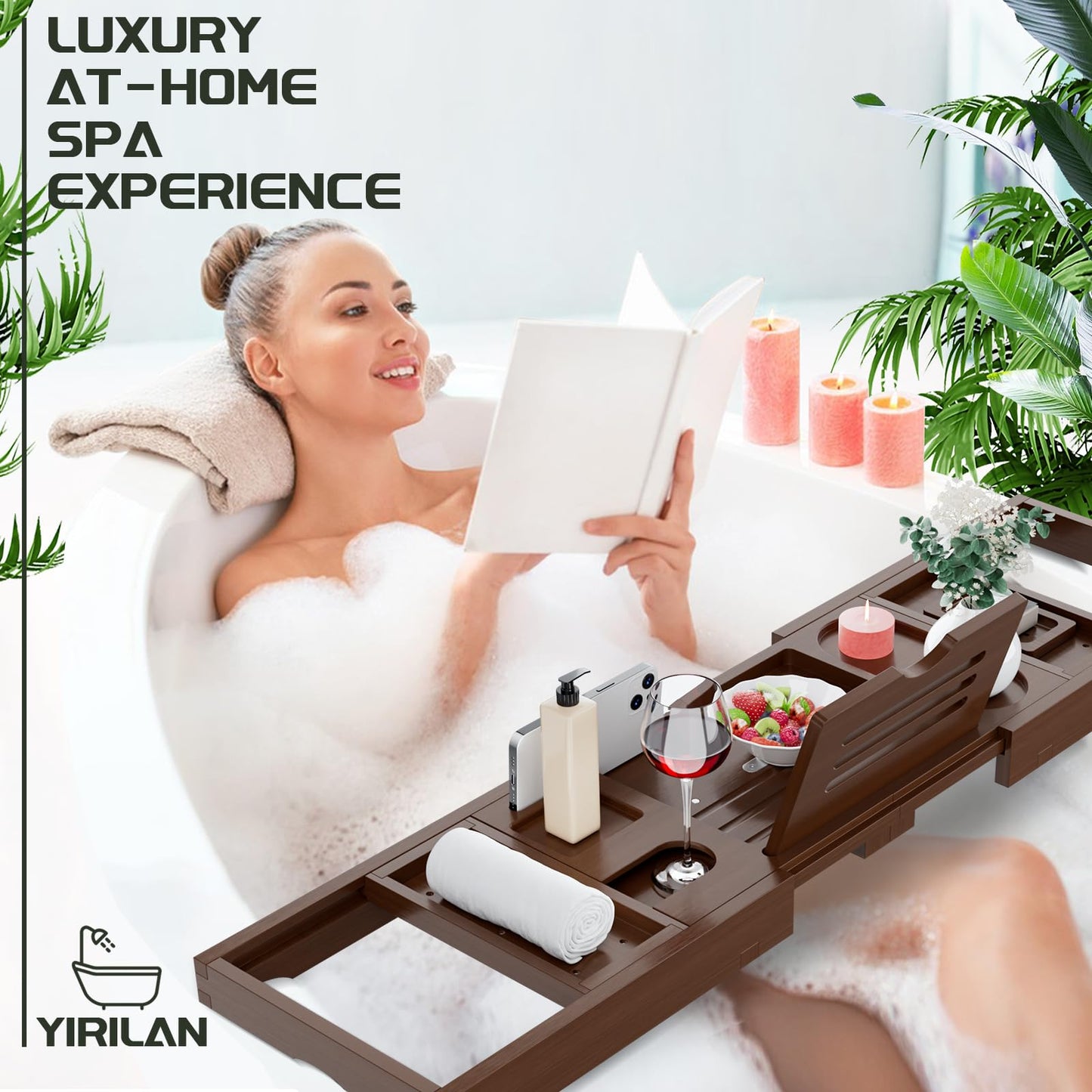 Yirilan Bathtub Trays for Tub,Bath Tray, Foldable Bathtub Caddy,Brown