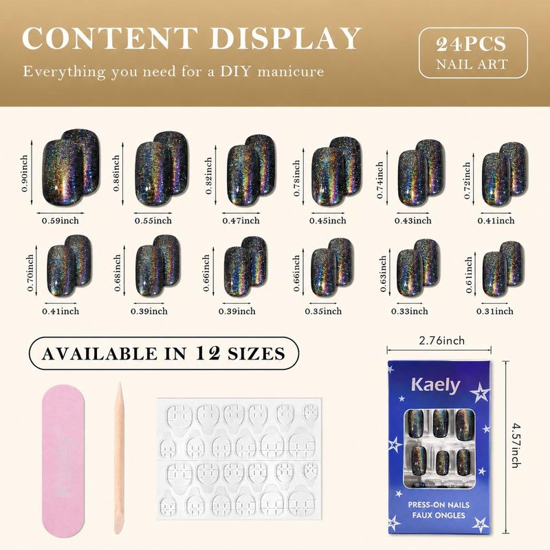 Black Chrome Metallic Cat Eye Press-On Nails | Medium Square, No Glue, Iridescent Glitter for Women