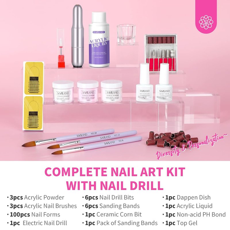 SAVILAND Acrylic Nail Kit - Professional Starter Set with White, Pink & Clear Powder | Manicure Tools for DIY