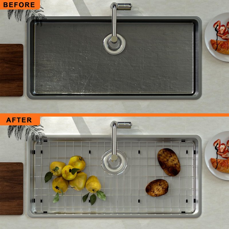 iPEGTOP Sink Protector Grid 28-3/8" x 14-3/16", Stainless Steel Sink Bottom Grid Rear Drain with Corner Radius 3/8", Sink Grate with Hole Cover for Kitchen Sink Single Sink Bowl, One-Piece