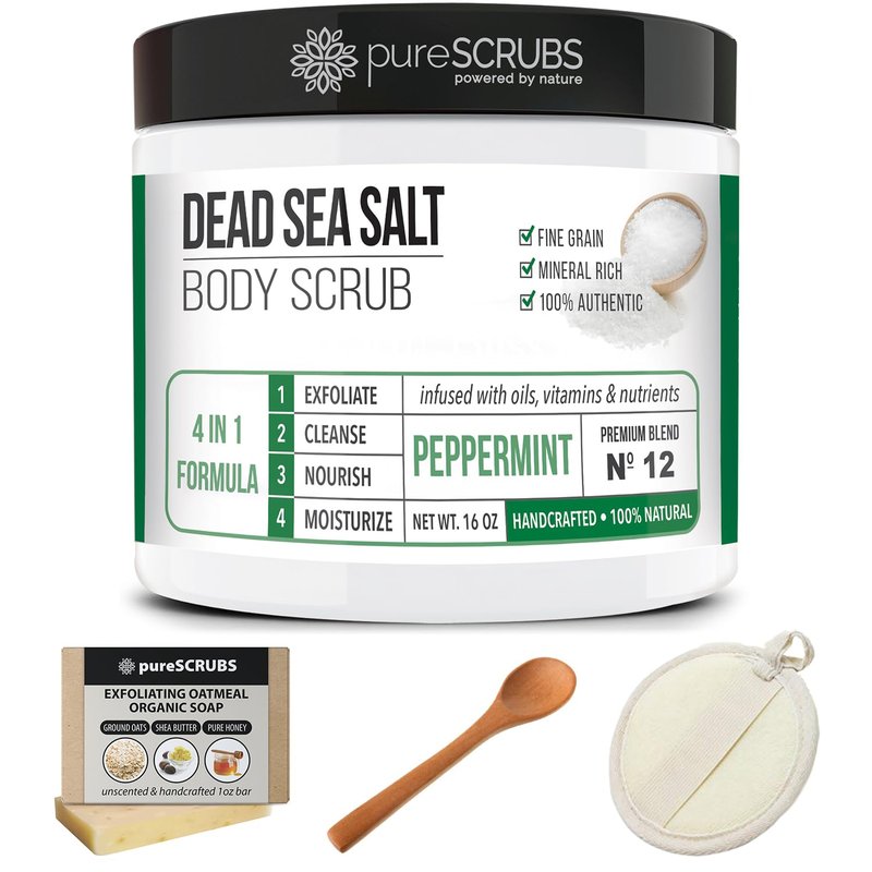 pureSCRUBS Premium Body Scrub for Strawberry Legs, Keratosis Pilaris (KP) & Ingrown Hairs – 4-in-1 Exfoliating Dead Sea Salt Formula – Smooth Skin, Reduce Razor Bumps & Dark Spots - Large 16oz