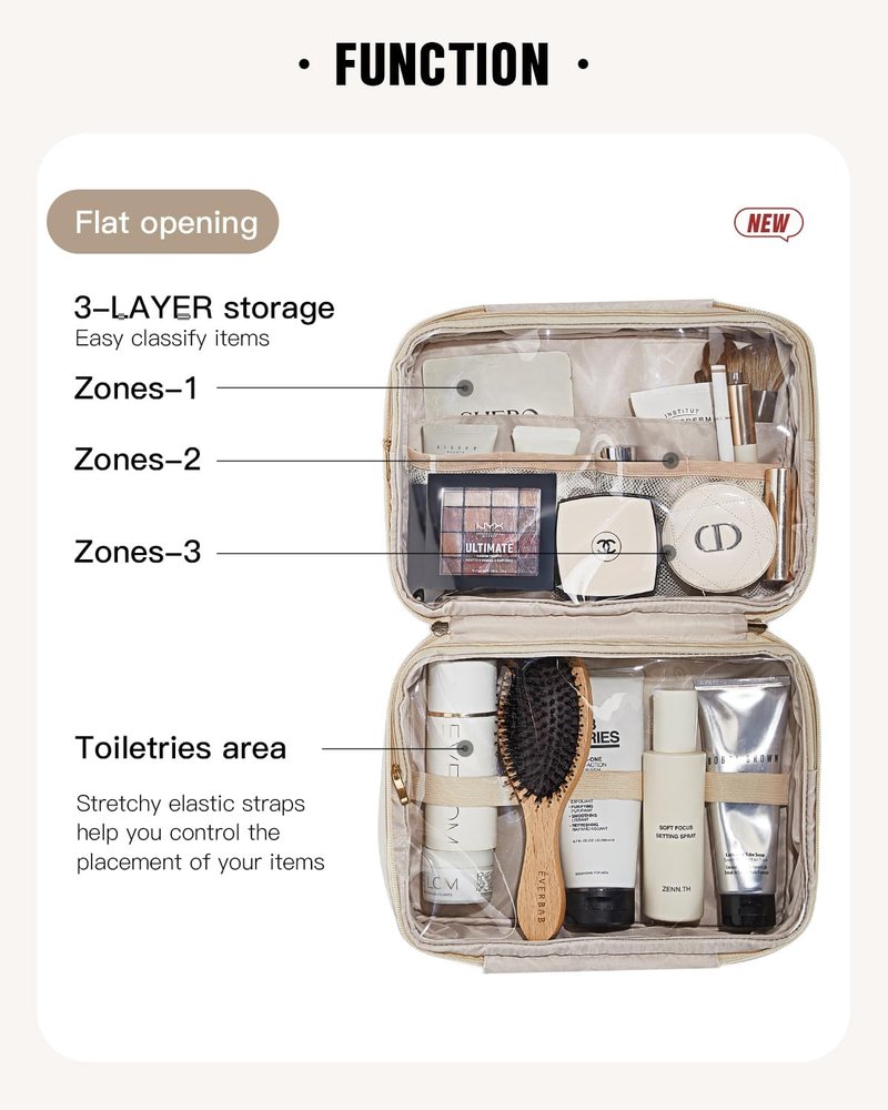 EACHY Toiletry Bag - Waterproof Makeup Organizer with Hanging Hook | Full-Size PU Leather in Beige