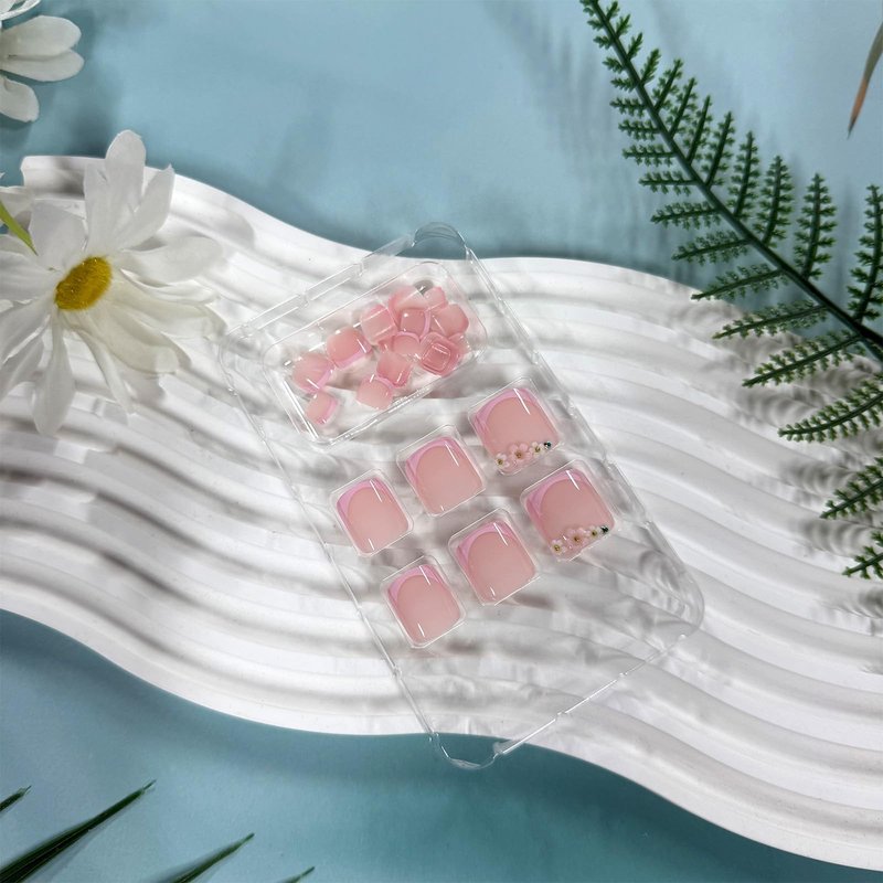 Pink French Tip Press on Toenails Short Square Fake Toe Nails with Flower Charms Nude Glossy Toe Nail Press ons Spring Summer Floral Toe Nail Tips Acrylic Stick on Toenails for Women 24Pcs