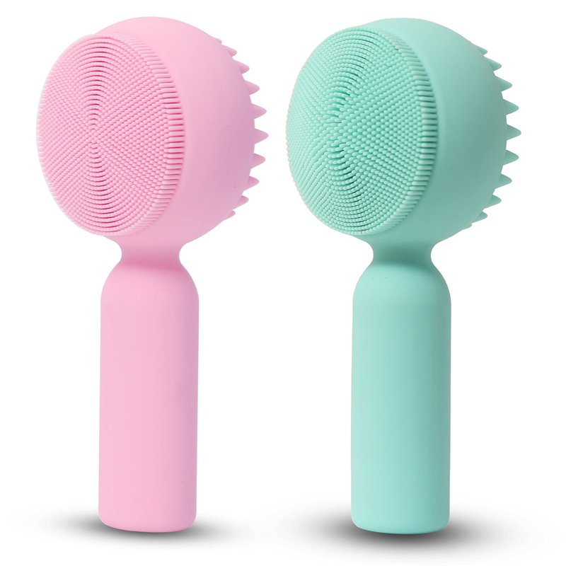2 PC Silicone Facial Cleansing Brush 2 in 1 Facial Scrubber Manual Exfoliating Facial Brush Face Cleanser Face Exfoliator Ultrafine Bristles for Sensitive Skin Easy to Clean Lather Well(Pink&Green)