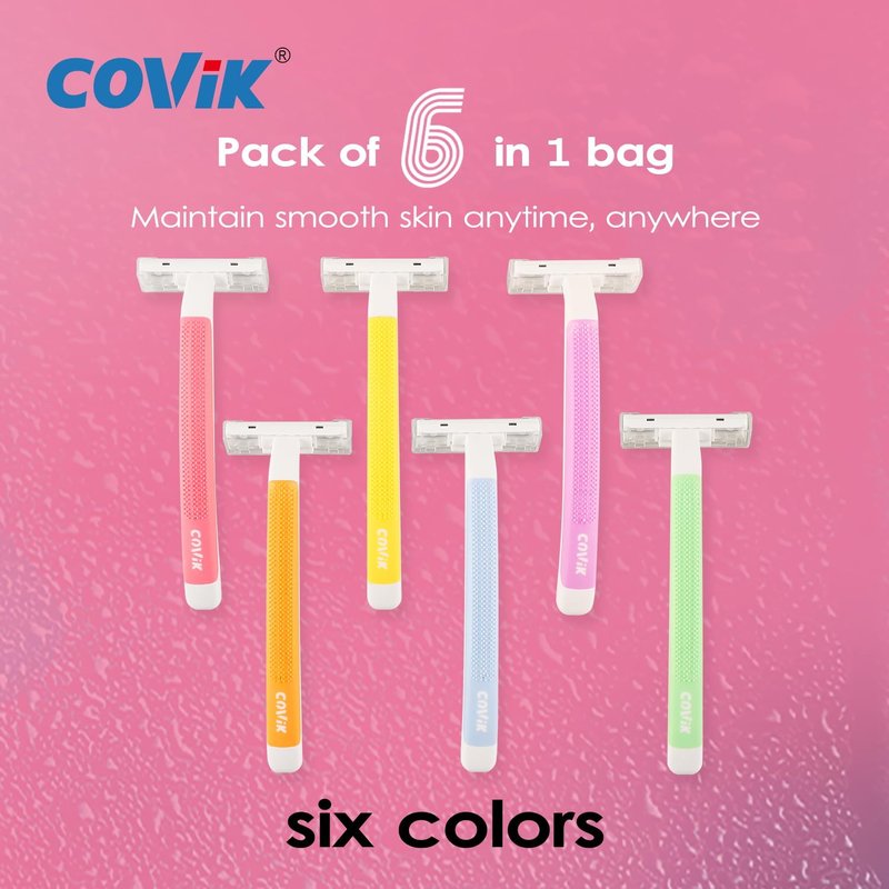 COVIK Women's Disposable Razors, 6 Count Shaving Razors for Women, 2 Blade Razor for Women Sensitive Skin Smooth Hair Removal (1 Packages of 6 Razors)