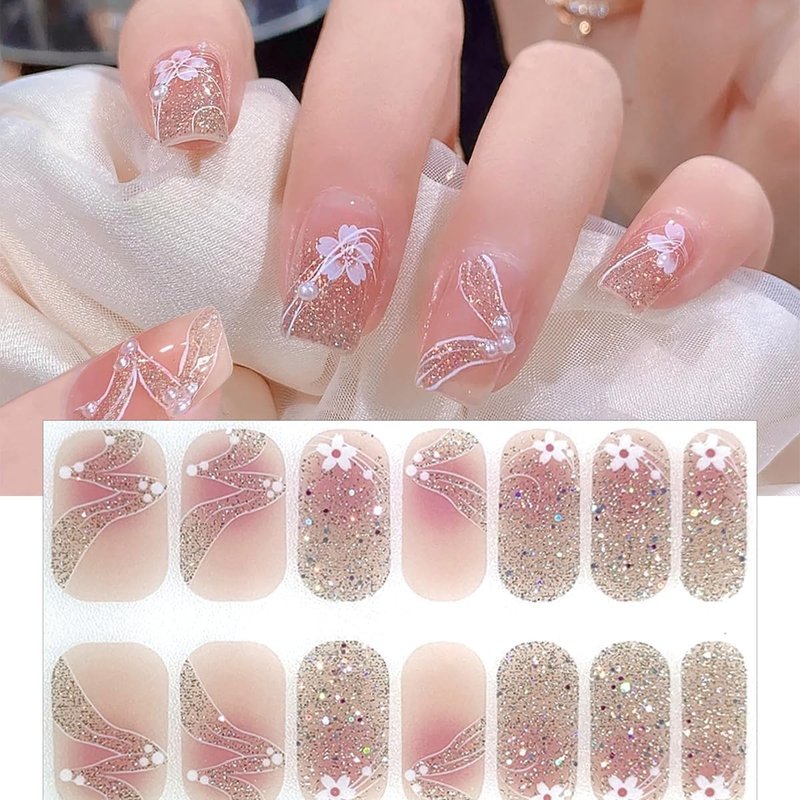 6 Sheets Spring Gel Nail Strips Stickers 3D Self-Adhesive Flower Nail Decals Pink Glitter Full Wrap Nail Stickers Cute Cherry Blossom Tulip Floral Nail Polish Strips DIY Manicure Supplies for Women