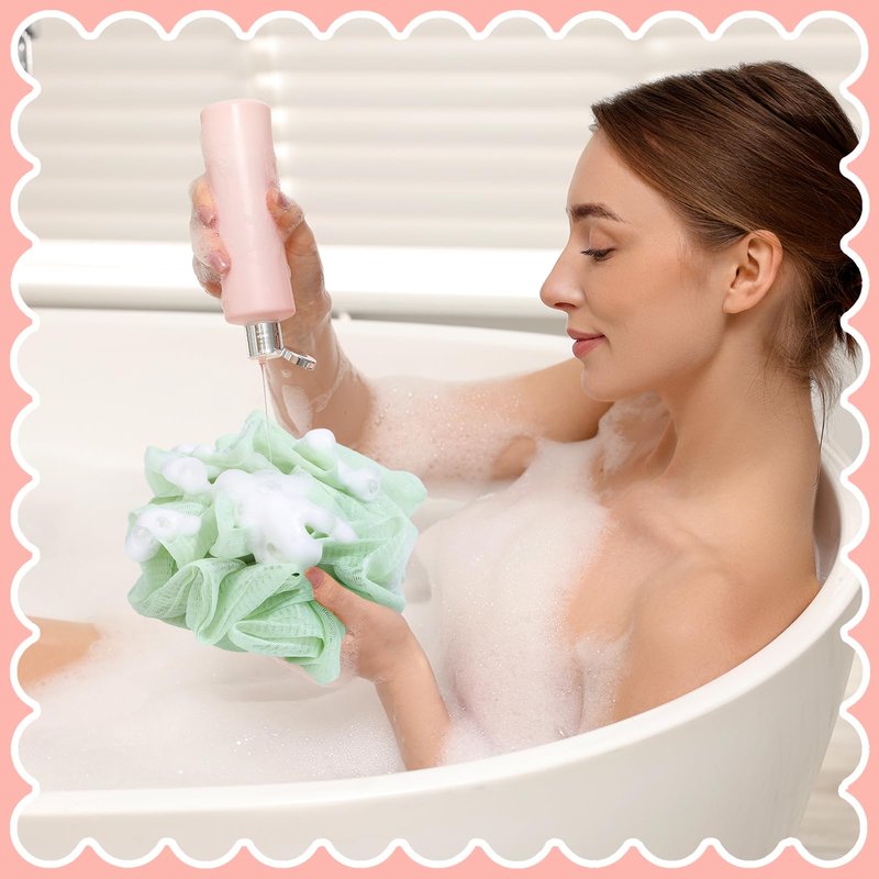 Afarnook 6 Pcs Washcloth Loofah Combo 2 in 1 Bath Loofah Sponge with Drawstring Exfoliation Mesh Shower Puff Ball for Body Cleaning Bath Set with Dual Sided Puff Shower Sponge Rich Lather