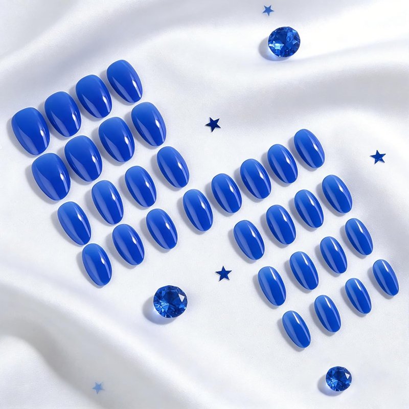 Regine Switzerland Royal Blue Press On Nails - Glossy Short Almond Full Cover 32 Pcs for Manicure