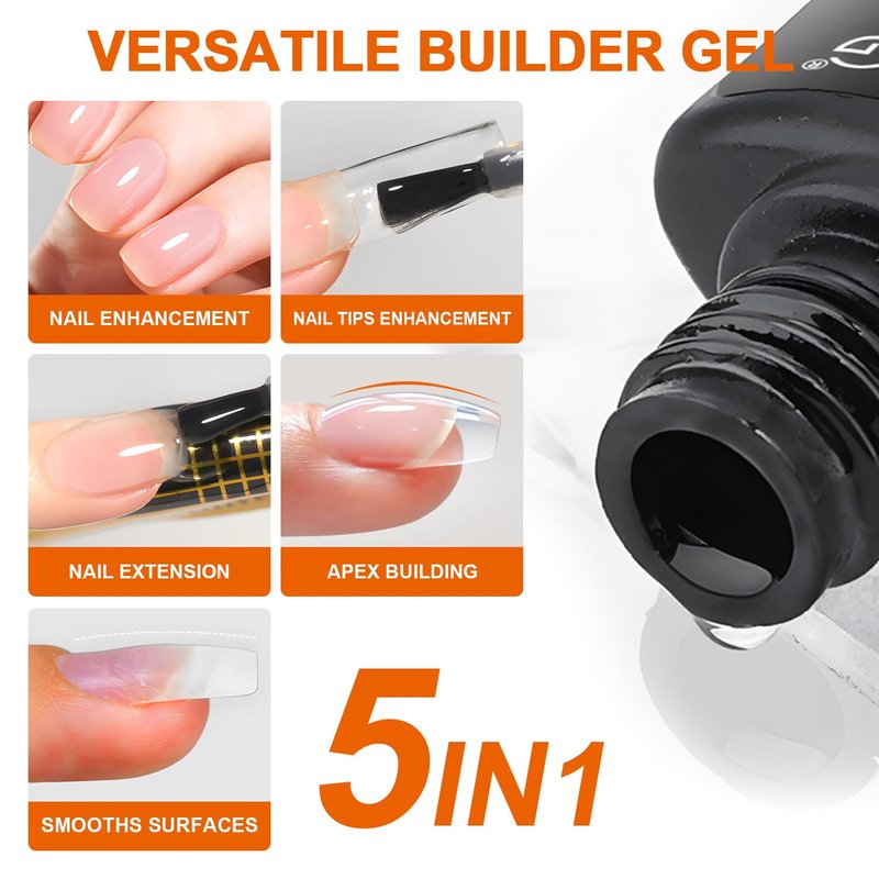 Builder Gel for Nails 5 in 1 ， Strengthener Gel Translucent Cover Hard Nail Extension Brush in Bottle Base Coat ，Salon&DIY Art for Women (Jelly Neutral Pink)