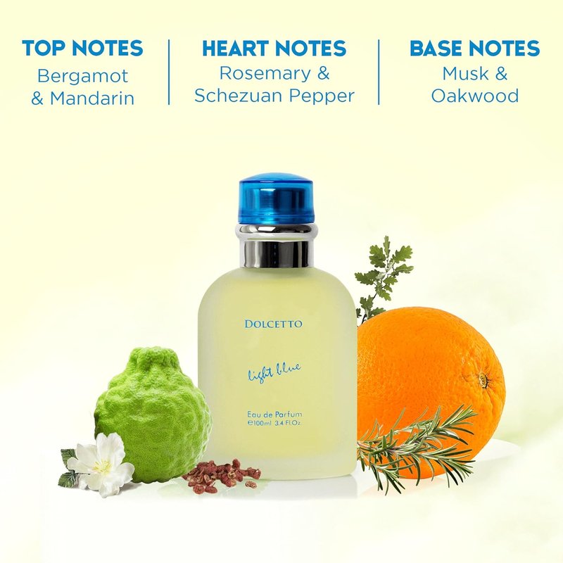 NovoGlow Dolcetto Light Blue Eau De Parfum for Men | 3.4 Fl. Oz. Woody Floral & Aquatic Scent, All-Day Freshness
