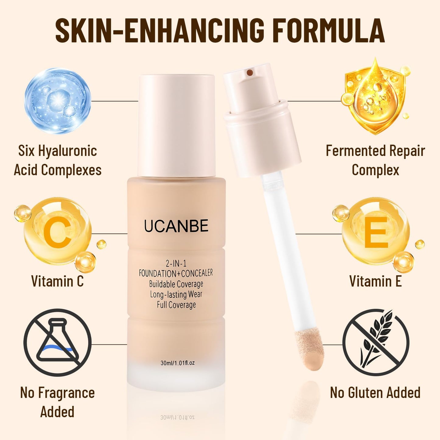UCANBE 2-in-1 Liquid Foundation & Concealer, Full Coverage Foundation Makeup Set for Combination & Oily Skin, Hydrating Formula with Hyaluronic Acid, Vitamin C (06 Warm Honey)