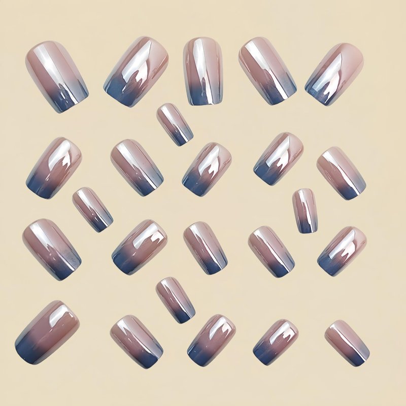 Gray Chrome Press on Nails Medium Square Fake Nails Silver Gradient French Tip Glossy Shiny Full Cover Laser Acrylic False Stick on Nail Reusable for Women Girls Manicure Decoration 24Pcs