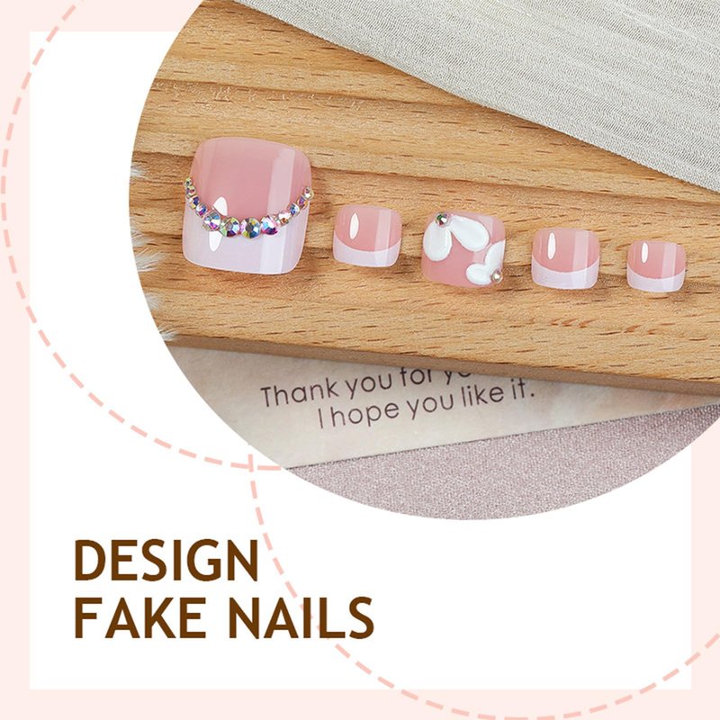 French Tip Press on Toenails Short Square Fake Toe Nails White Petal Toenail Press ons 3D Flower Toe Press on Nails with Rhinestones Design Glossy Pink Acrylic Toenails Summer Nails for Women 24Pcs