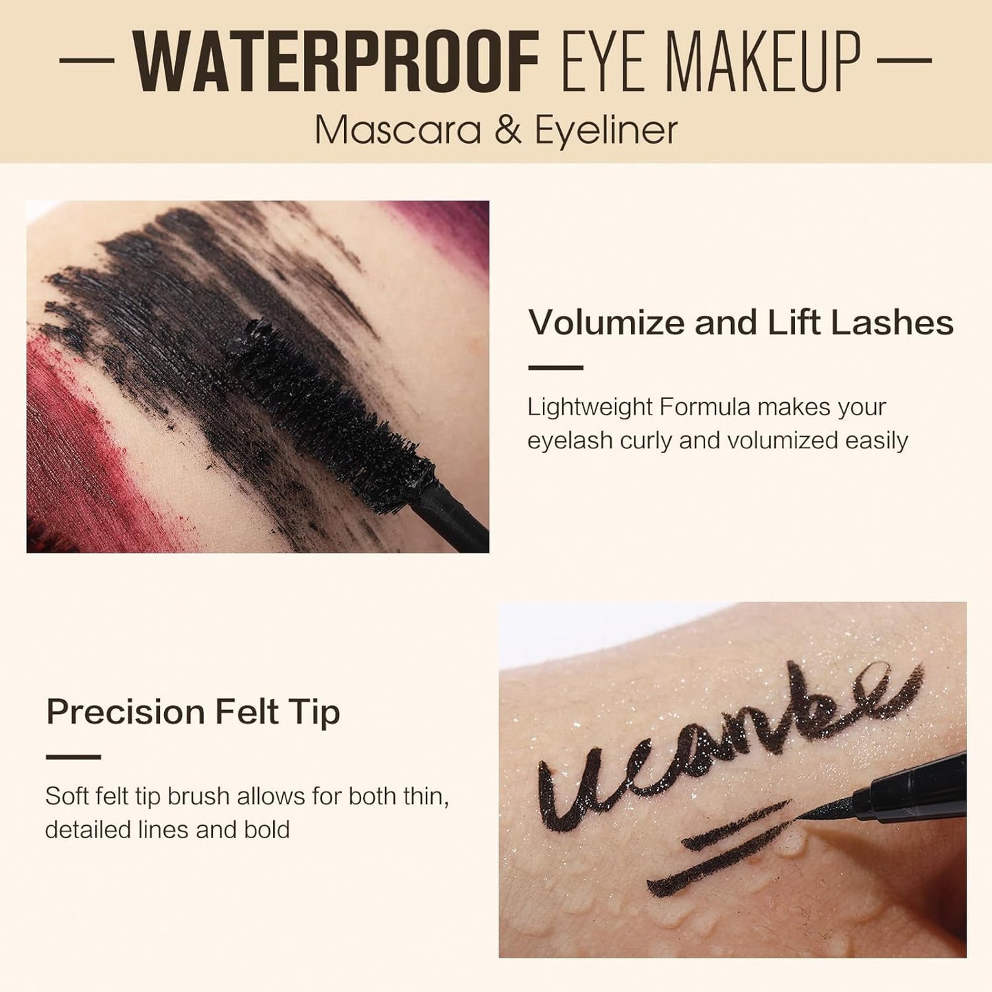 UCANBE Black Mascara and Liquid Eyeliner Set, Waterproof Colored Eye Makeup Duo - Enhance Your Gaze with Natural Lasting Lift & Curl for Lashes and Pigmented Smudge-Proof Eye Liner