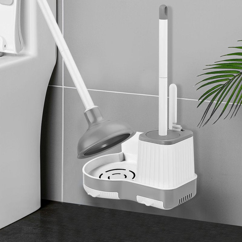 Silkyhose Toilet Brush and Plunger, 3 in 1 Toilet Bowl Brush and Holder with Crevice Cleaning Brush Wall Mounted Household Bathroom Cleaning Tools Combo Set(White-Gray)