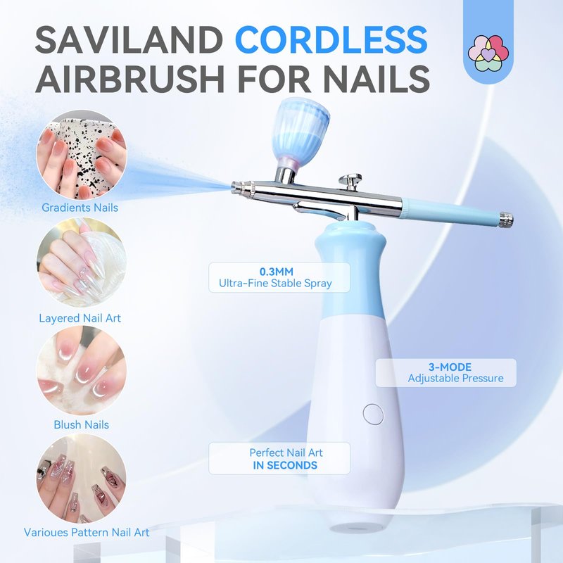 SAVILAND 25 PSI Airbrush for Nails: Rechargeable Nail Airbrush Machine 3 High-Pressure Modes Cordless Airbrush Kit with Compressor 0.3 mm Nano Nozzle Airbrush Paint Airbrush Makeup for Nails Art