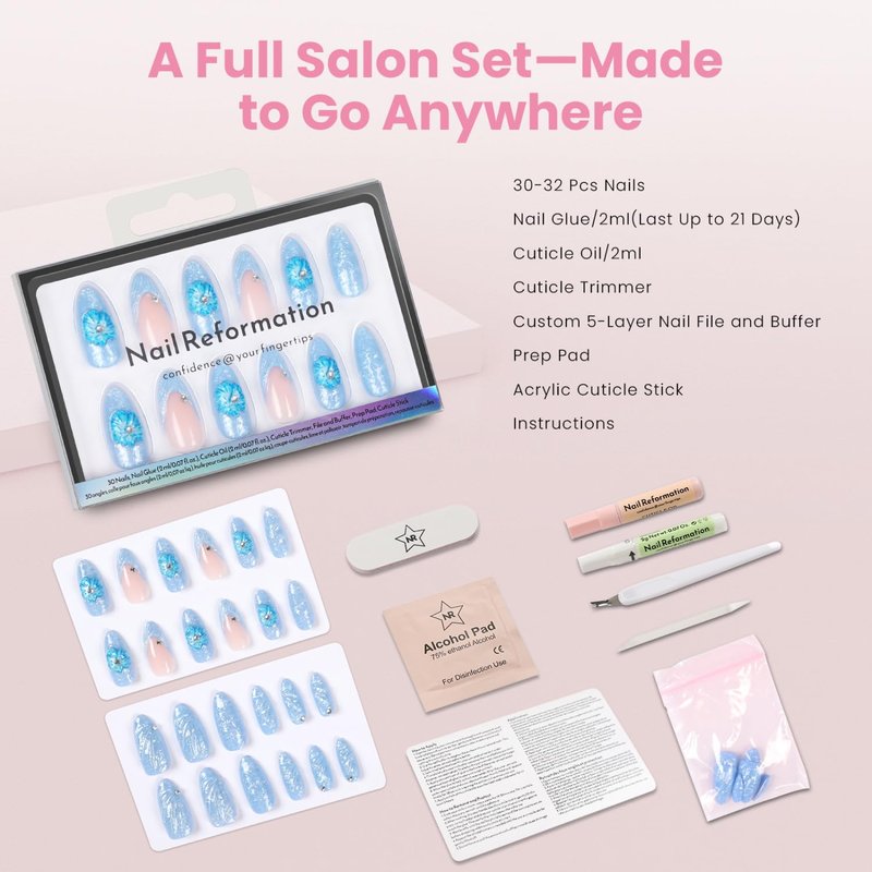 Nail Reformation Press On Nails, Blue Agate | Summer Medium Almond Fake Nails with French Tip & 3D Flowers & Gems in Glossy Finish, Reusable Stick On Nails in 15 Sizes - 30 Nail Kit, Gifts for Women