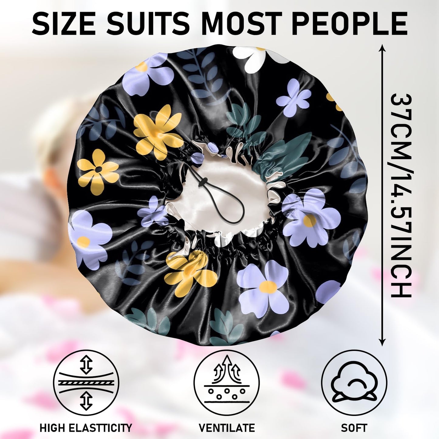 Zewurtuw Luxury Shower Cap Adjustable Reusable Double Waterproof Layer Elastic Satin Lined Hair Bath Cap Cute Aesthetic Women Girls-Purple Flower