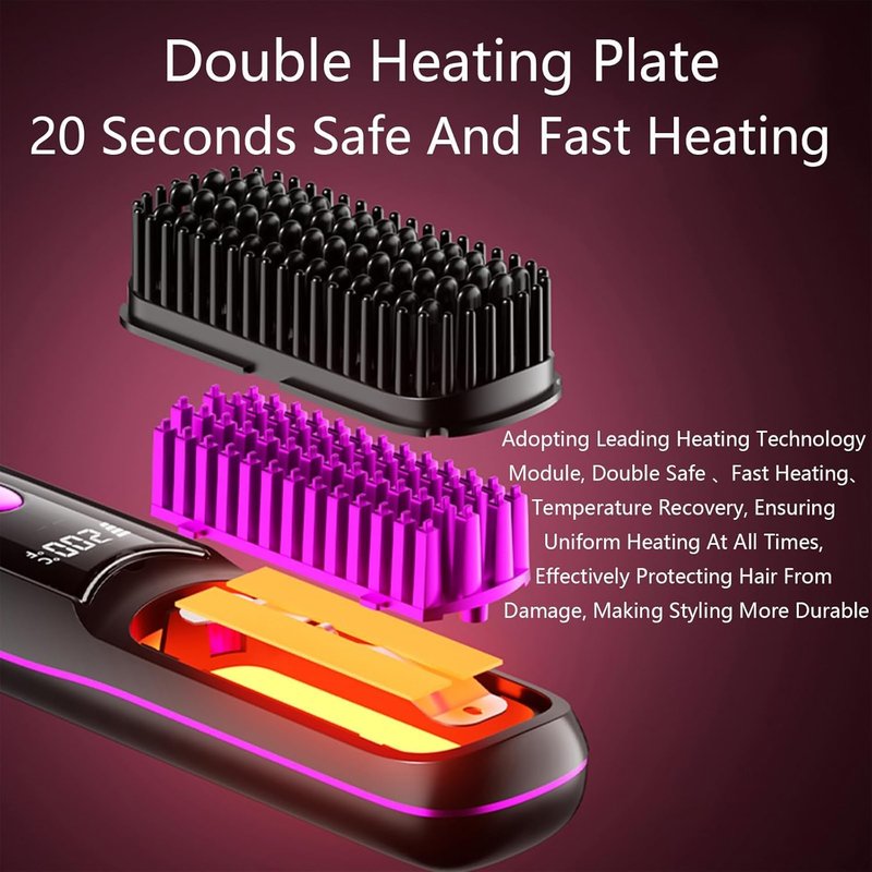 Go Brush Pro Hair Straightener, Cordless Ionic Comb with 6000mAh Battery, Fast Heating, Portable Travel Design, Rechargeable Straightening and Curling Brush, Black
