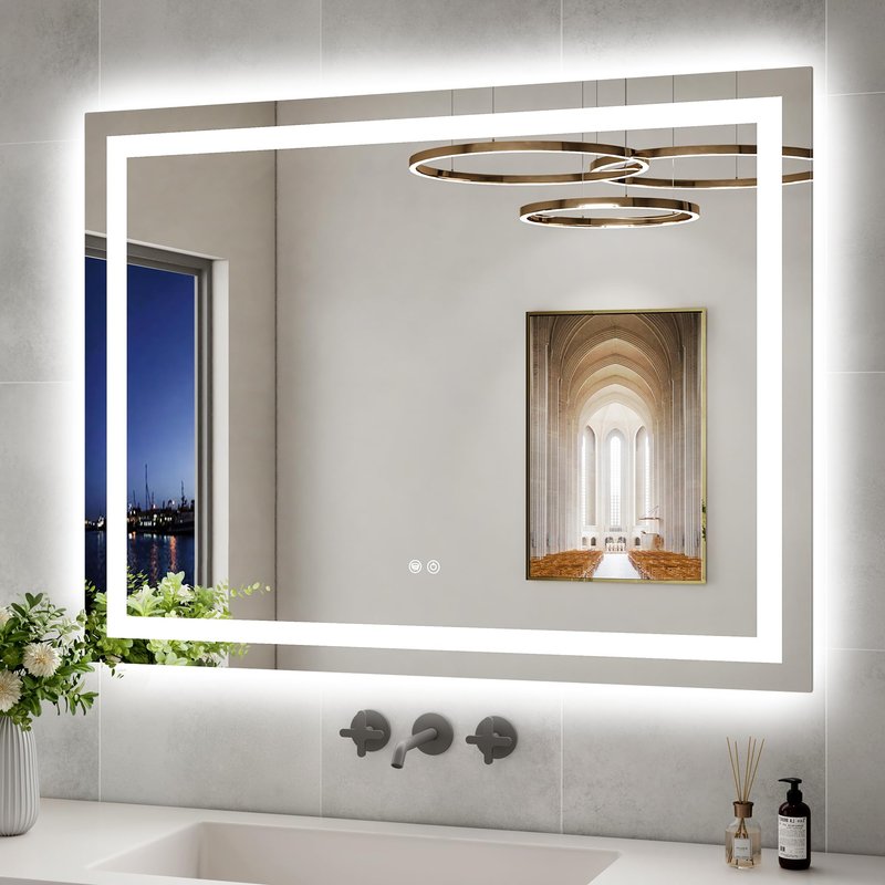 Oerbasz 40x30 LED Bathroom Mirror with Lights, Front and Rear Lighting, Tempered Glass, Dimmable, Multiple Light Modes, Anti-Fog Lighted Bathroom Vanity Mirror for Wall, Memory Function