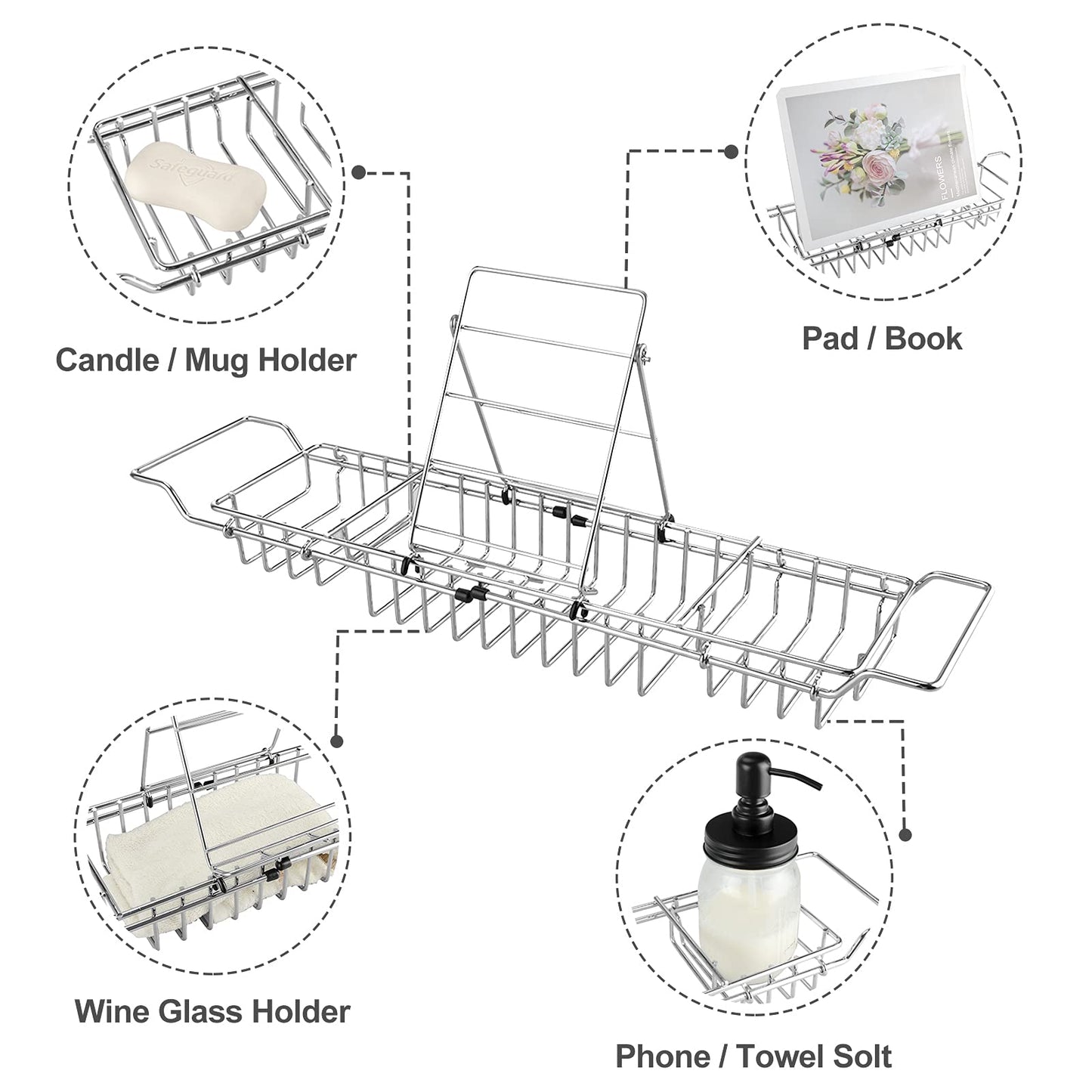 HOMEE Stainless Steel Shower Caddy Tray with Removable Book Holder, European Style Extendable Rectangular Bathroom Tray for Shower Bath Phone IPad Book Holder Candleholder Table Shelf - Silver