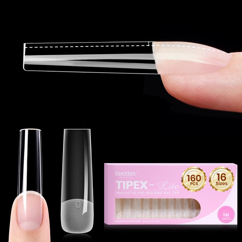 Beetles Tipex Lite Instant Apex Nail Tips, XL Long Square, 16 Sizes | 00–14, 160PCS, Built-in Apex Acrylic Tips for Flat & Natural Nail Beds, Beginner-Friendly Easy DIY Nail Extensions