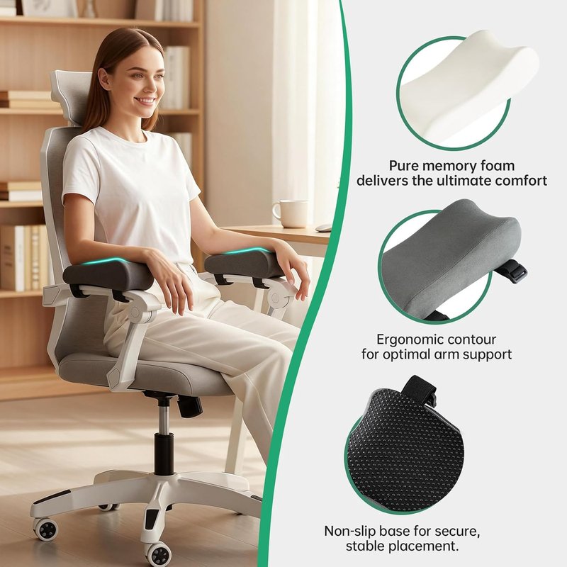 Armrest Cushion for Office Chair - Memory Foam Elbow Support Pads | Set of 2, Non-Slip Straps, Washable Cover