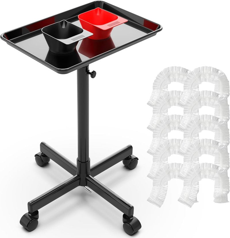 Adjustable Height Rolling Salon Tray - Mobile Trolley with 2 Magnetic Bowls & 10 Disposable Covers | 24-36 Inch, Black