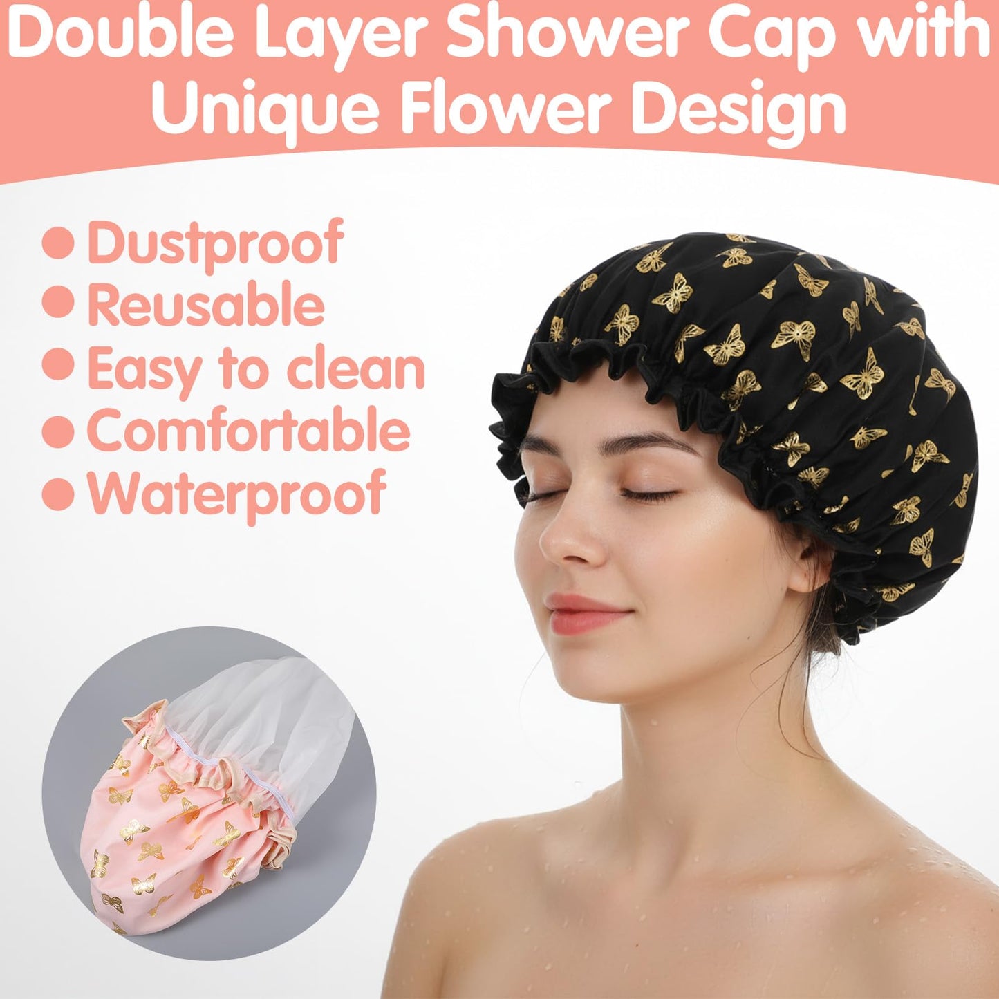 Yuanchu 4 Pcs Waterproof Shower Caps for Women, Elastic Band Bath Caps Reusable Shower Hat Double Layer Shampoo Cap for Washing Hair Bathing SPA Makeup Cooking