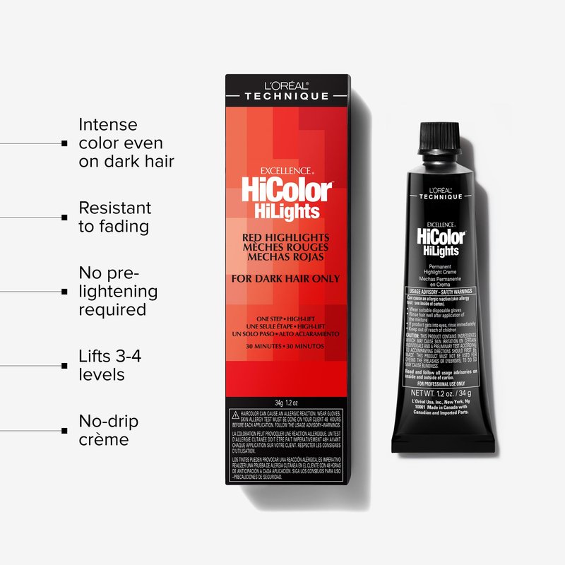L'Oréal Technique HiColor Red HiLights - Permanent Hair Color for Dark Hair, Intense Red Highlights, No Pre-Lightening Required, Rich, No-Drip Crème, Quick Processing Time, Red