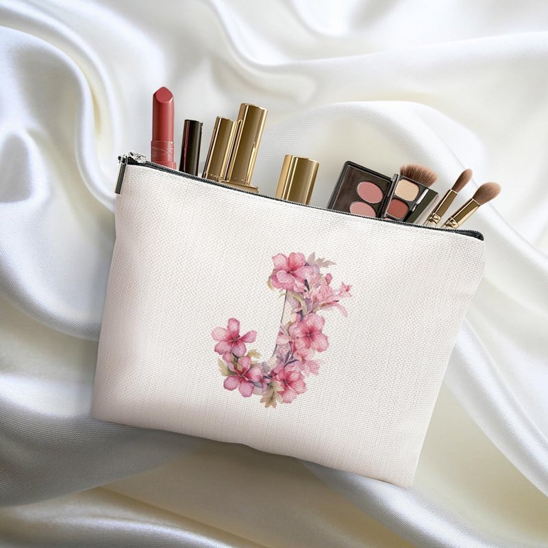 DHKG Initial Makeup Bag Personalized Cosmetic Bag Monogrammed Gifts for Women Sister Mom Teacher Travel Organizer Zipper Pouch Teacher Gifts Mothers Day Birthday Bridal Shower Gifts, Pink Letter J