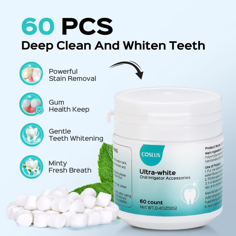 COSLUS Whitening Water Flosser Replacement Tips with 60 Pcs Mint Refills: Compatible with C20 (F5020E) & E40 (WFP14) Portable Water Flossers – Improve Stains Gently& Fresh Breath for Daily Oral Care