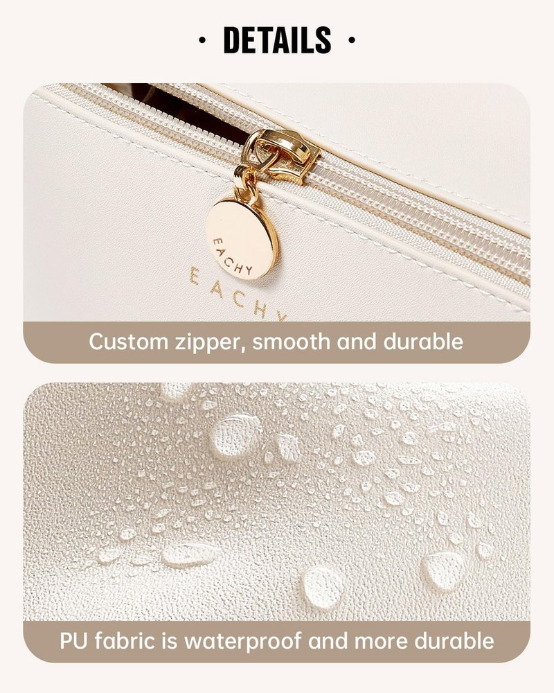 EACHY Travel Makeup Bag, Large Capacity Cosmetic Bags for Women, Waterproof Portable Open Flat Toiletry Bag Make up Bag with Divider and Handle, Gifts for Women (White, Large)