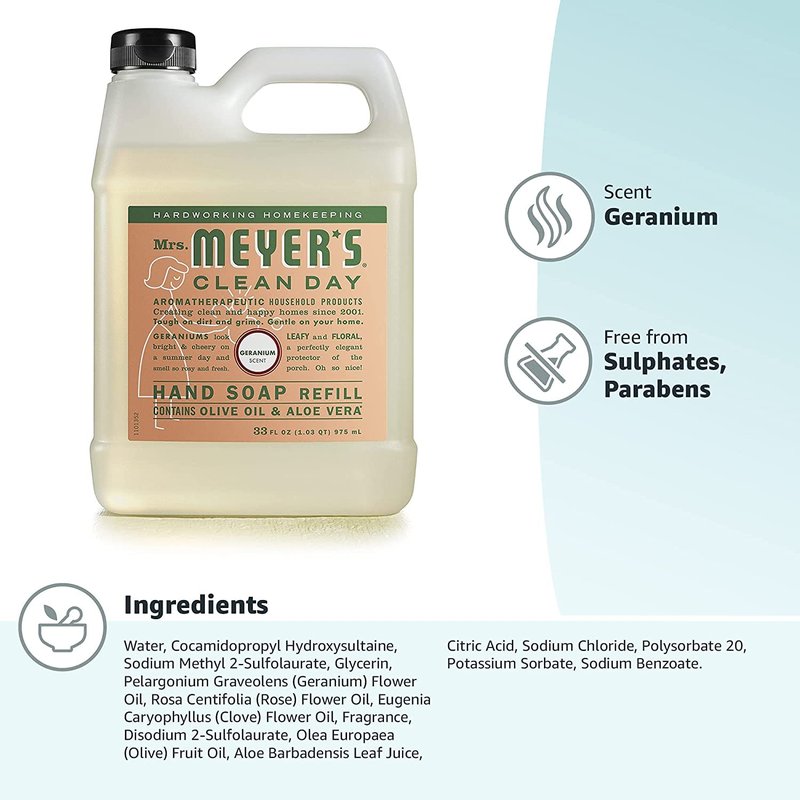 Mrs. MEYER'S´s Clean Day Hand Soap Refill, Geranium, 33 Fl Oz (Pack of 4)