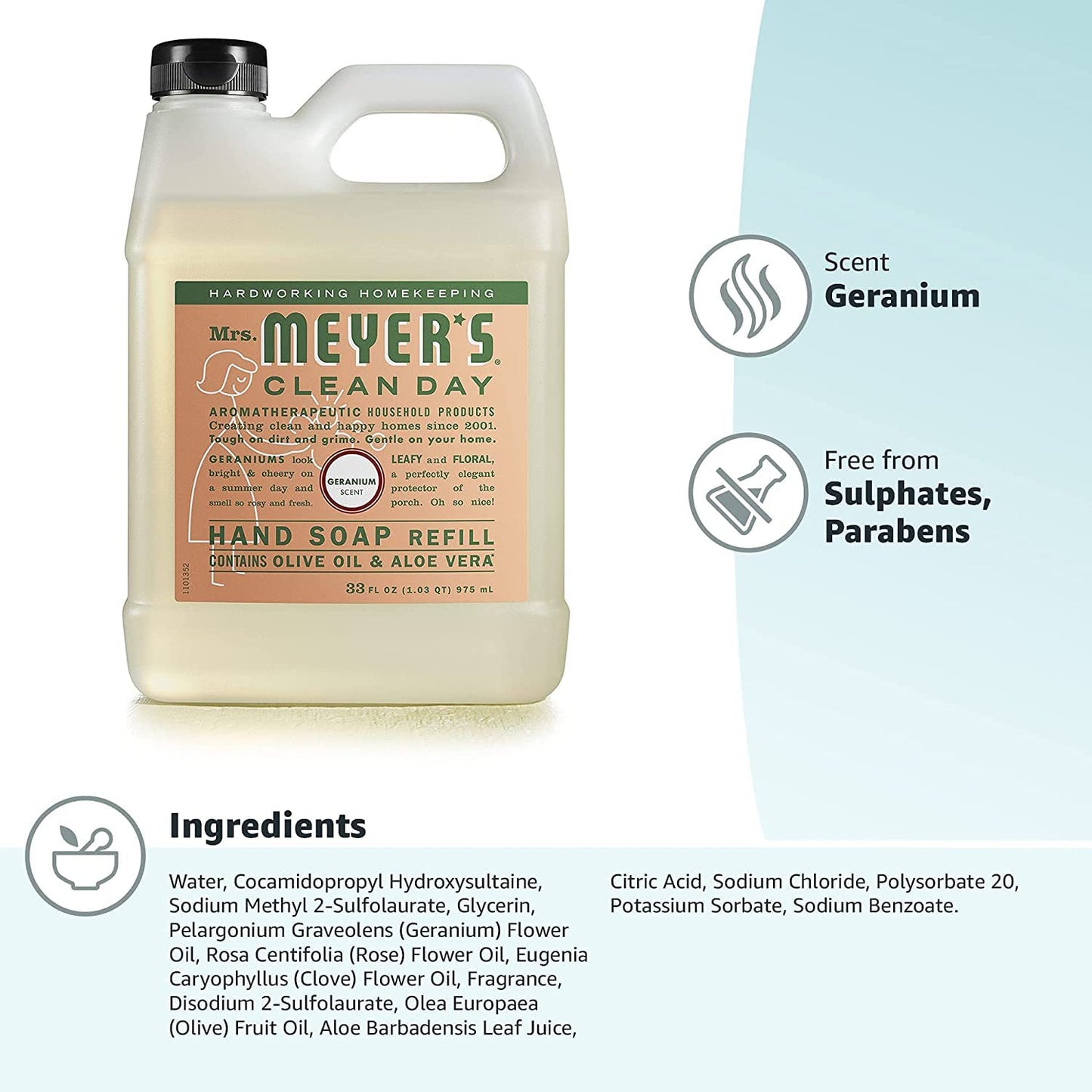 Mrs. MEYER'S´s Clean Day Hand Soap Refill, Geranium, 33 Fl Oz (Pack of 4)